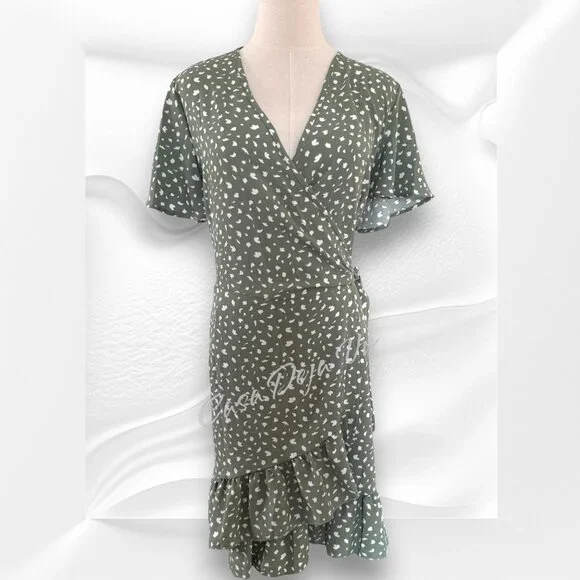 Ready for Spring Light Airy V Neck Wrap Midi Patterned Sage Ruffle Drop Dress - Picture 6 of 13